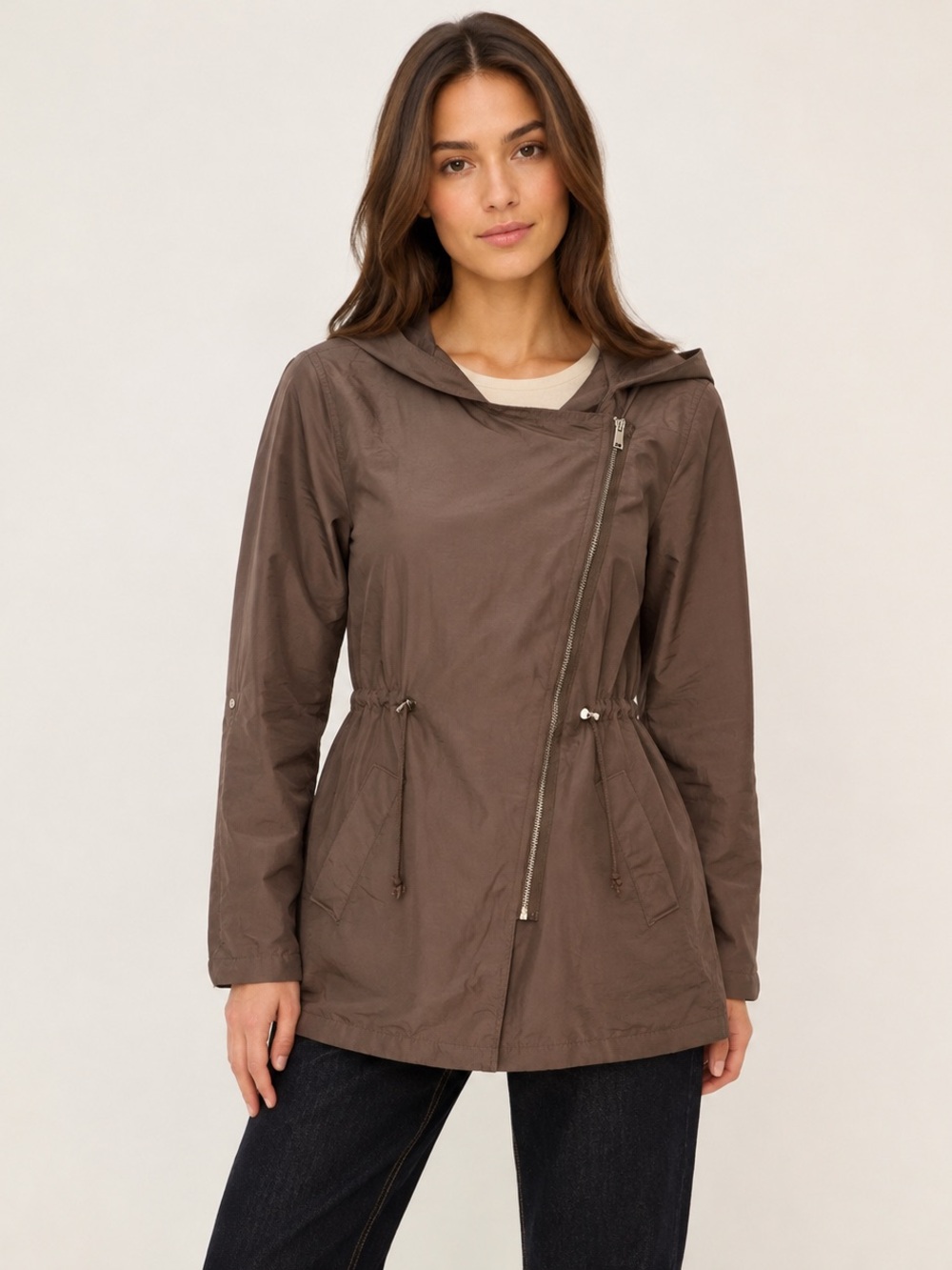 H&M Asymmetric Zip Hooded Lightweight Utility Jacket Brown Size 2